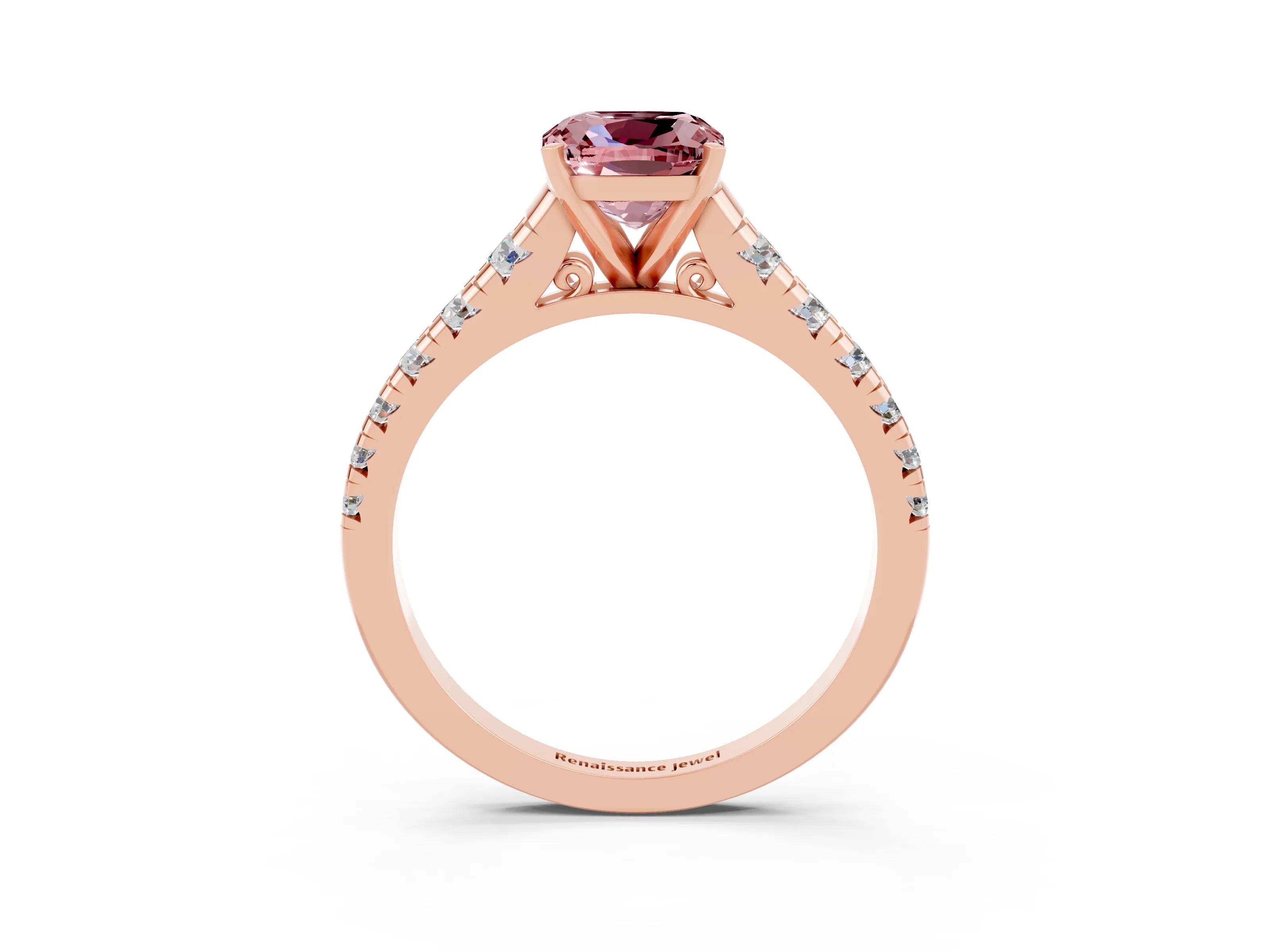 Rose gold Cushion Cut Morganite Solitaire Ring with Cathedral Setting and Pavé Band_3