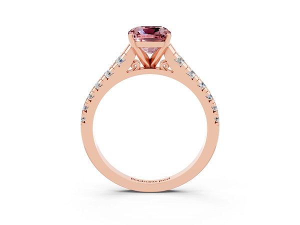 Rose gold Cushion Cut Morganite Cathedral Solitaire Ring with Round  Pavé Band