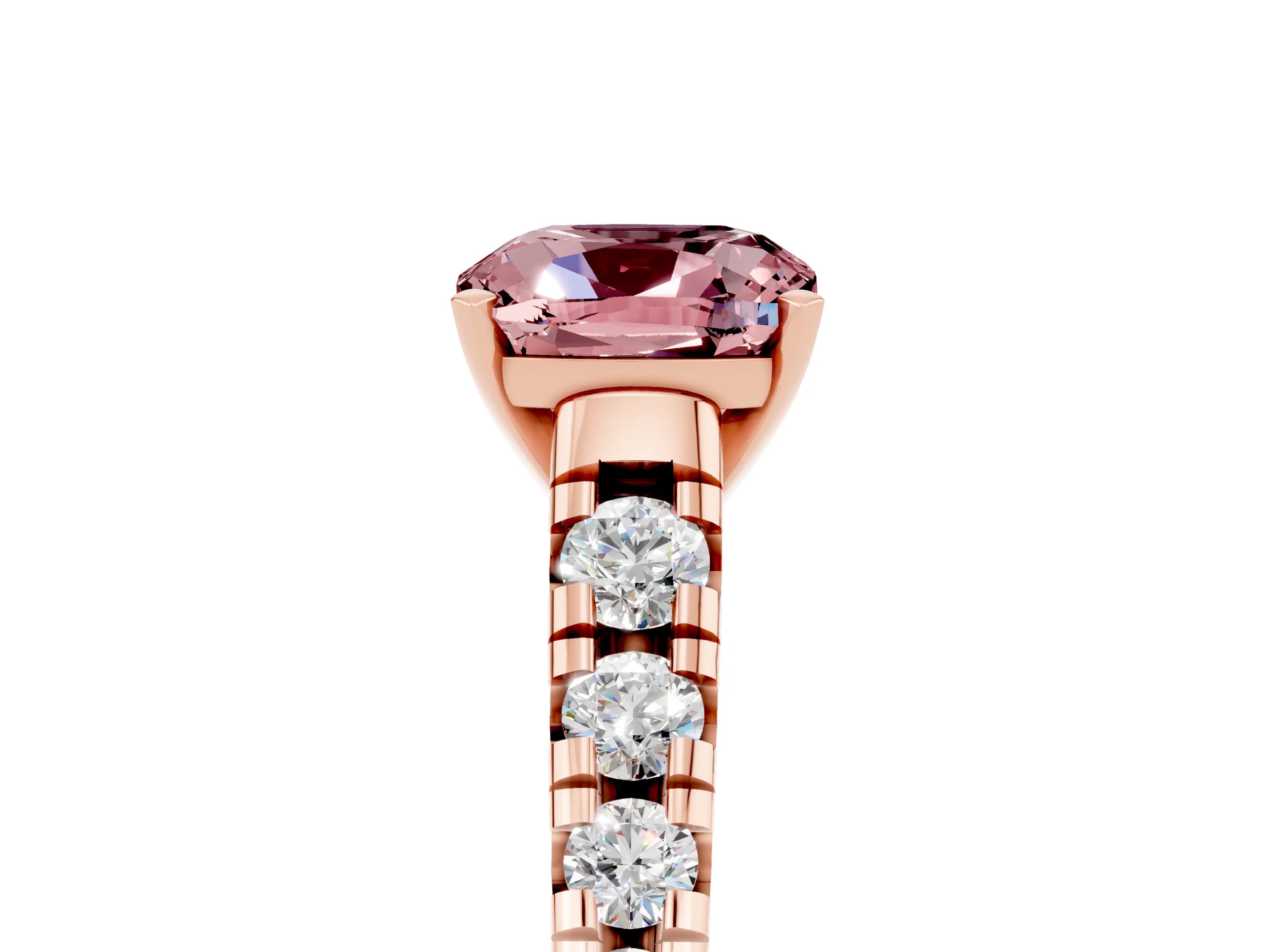 Rose gold Cushion Cut Morganite Solitaire Ring with Cathedral Setting and Pavé Band_5
