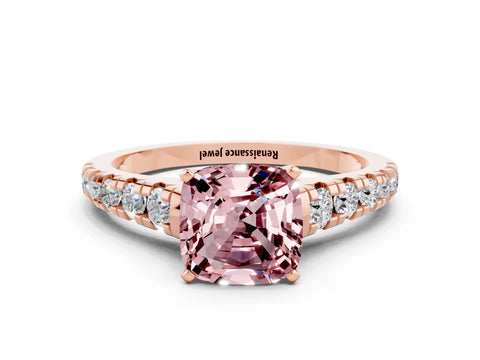 Rose gold Cushion Cut Morganite Solitaire Ring with Cathedral Setting and Pavé Band