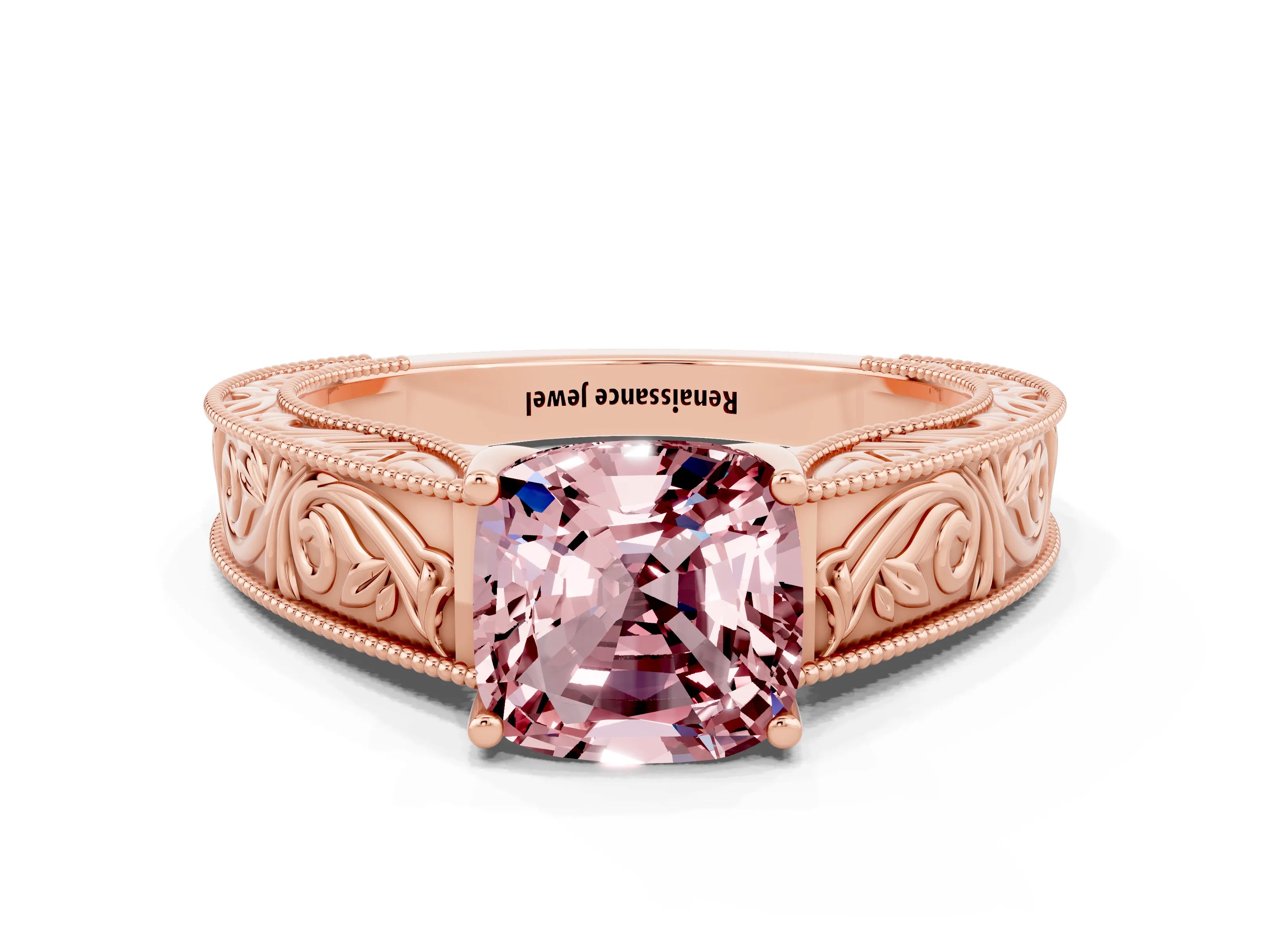 Rose gold Cushion Cut Morganite Solitaire Ring with Engraved Band and Four-Prong Setting
