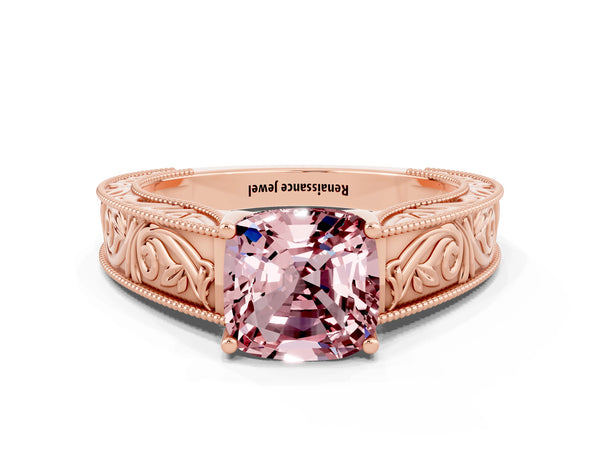 Rose gold Cushion Cut Morganite Solitaire Ring with Engraved Band and Four-Prong Setting