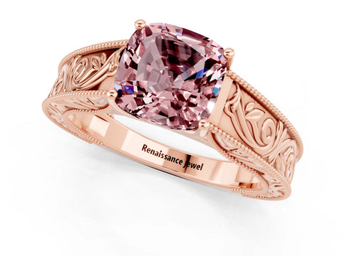 Rose gold Cushion Cut Morganite Solitaire Ring with Engraved Band and Four-Prong Setting_1