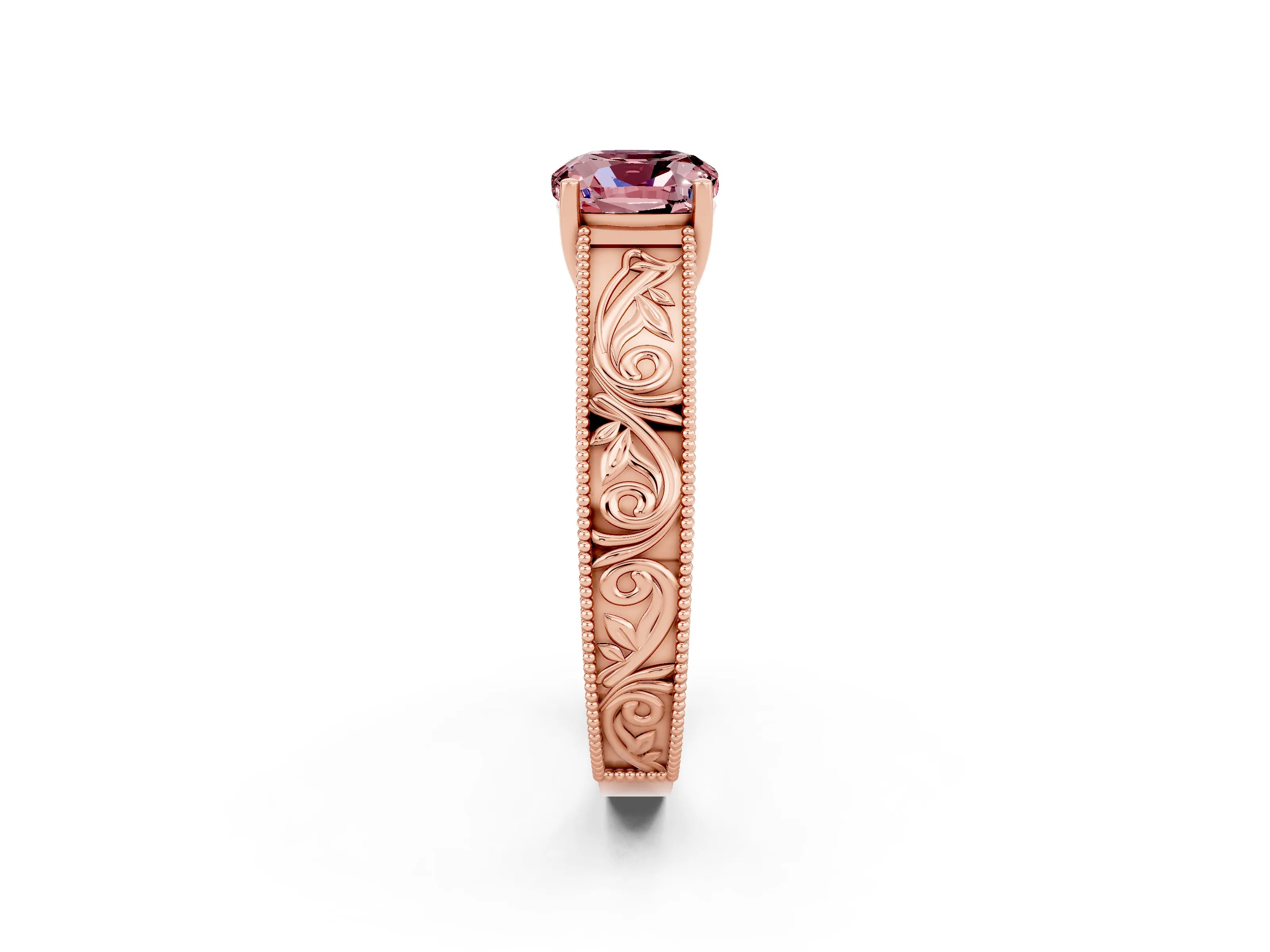 Rose gold Cushion Cut Morganite Solitaire Ring with Engraved Band and Four-Prong Setting_2