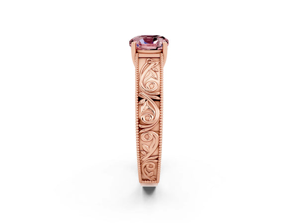 Rose gold Cushion Cut Morganite Solitaire Ring with Engraved Band and Four-Prong Setting