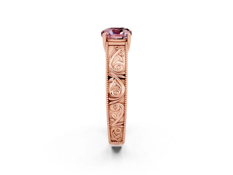 Rose gold Cushion Cut Morganite Solitaire Ring with Engraved Band and Four-Prong Setting_2