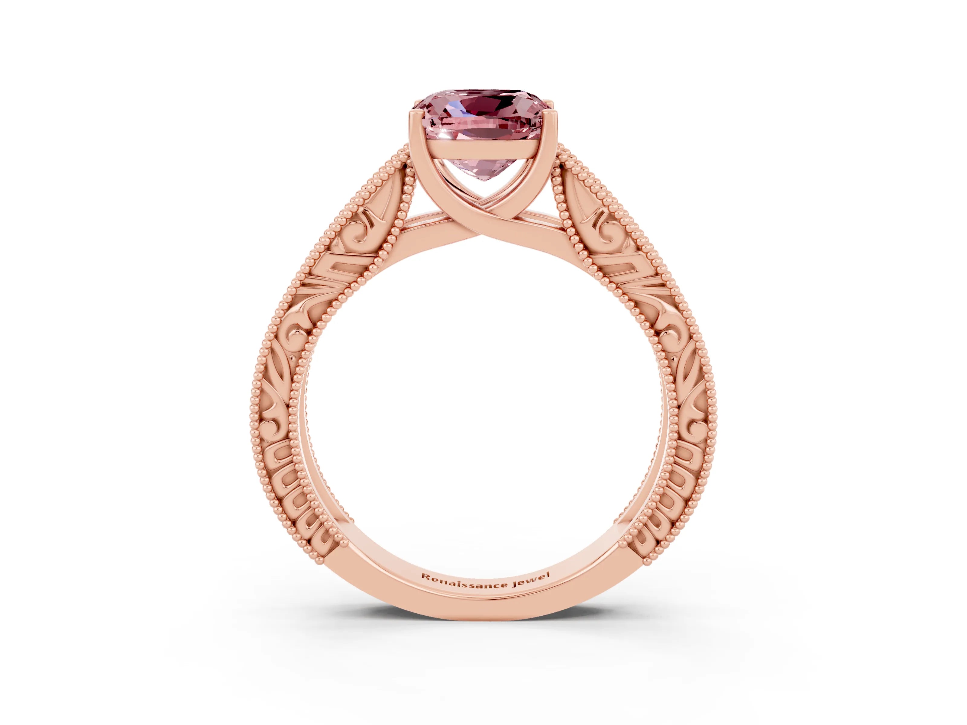 Rose gold Cushion Cut Morganite Solitaire Ring with Engraved Band and Four-Prong Setting_3