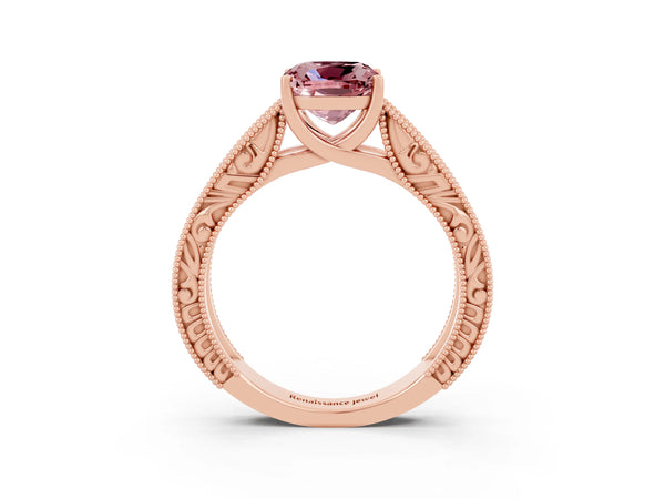 Rose gold Cushion Cut Morganite Solitaire Ring with Engraved Band and Four-Prong Setting