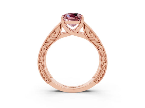 Rose gold Cushion Cut Morganite Solitaire Ring with Engraved Band and Four-Prong Setting_3
