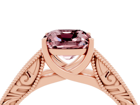 Rose gold Cushion Cut Morganite Solitaire Ring with Engraved Band and Four-Prong Setting_4