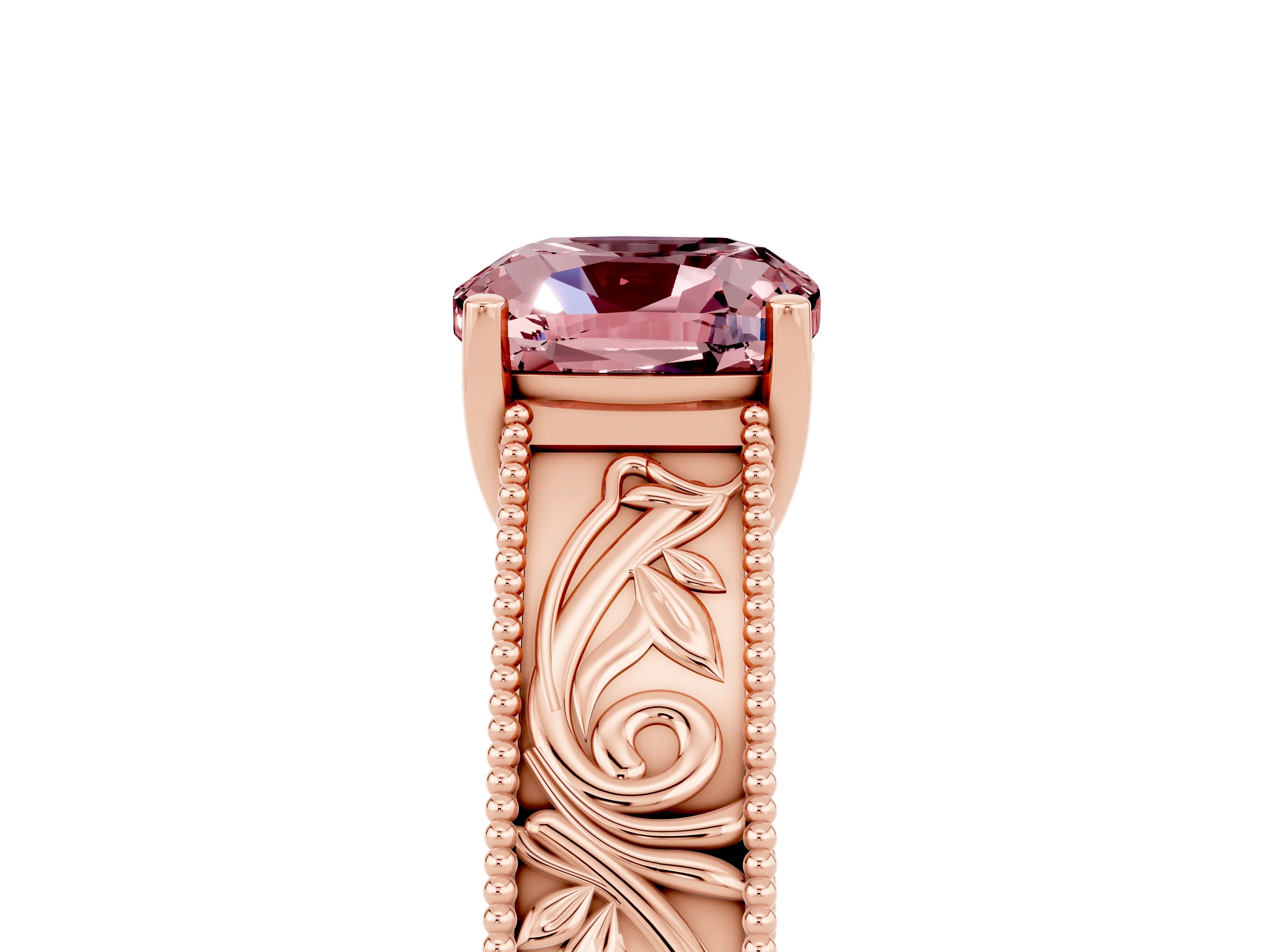 Rose gold Cushion Cut Morganite Solitaire Ring with Engraved Band and Four-Prong Setting_5