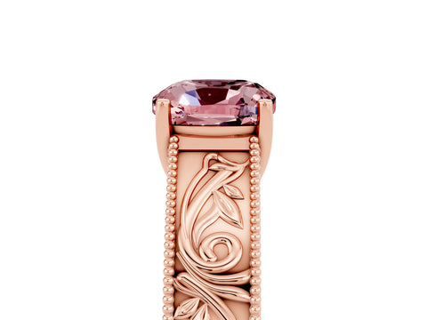 Rose gold Cushion Cut Morganite Solitaire Ring with Engraved Band and Four-Prong Setting_5
