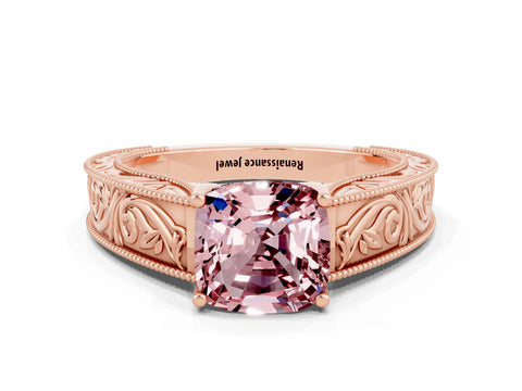 Rose gold Cushion Cut Morganite Solitaire Ring with Engraved Band and Four-Prong Setting