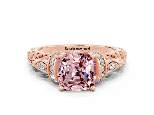 Rose gold Cushion Cut Morganite Solitaire Ring with Filigree Band and Four-Prong Setting