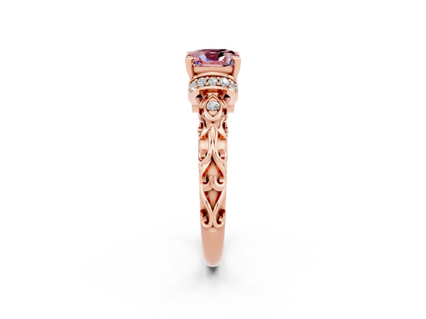Rose gold Cushion Cut Morganite Solitaire Ring with Filigree Band and Four-Prong Setting