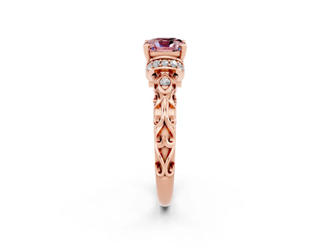Rose gold Cushion Cut Morganite Solitaire Ring with Filigree Band and Four-Prong Setting_26