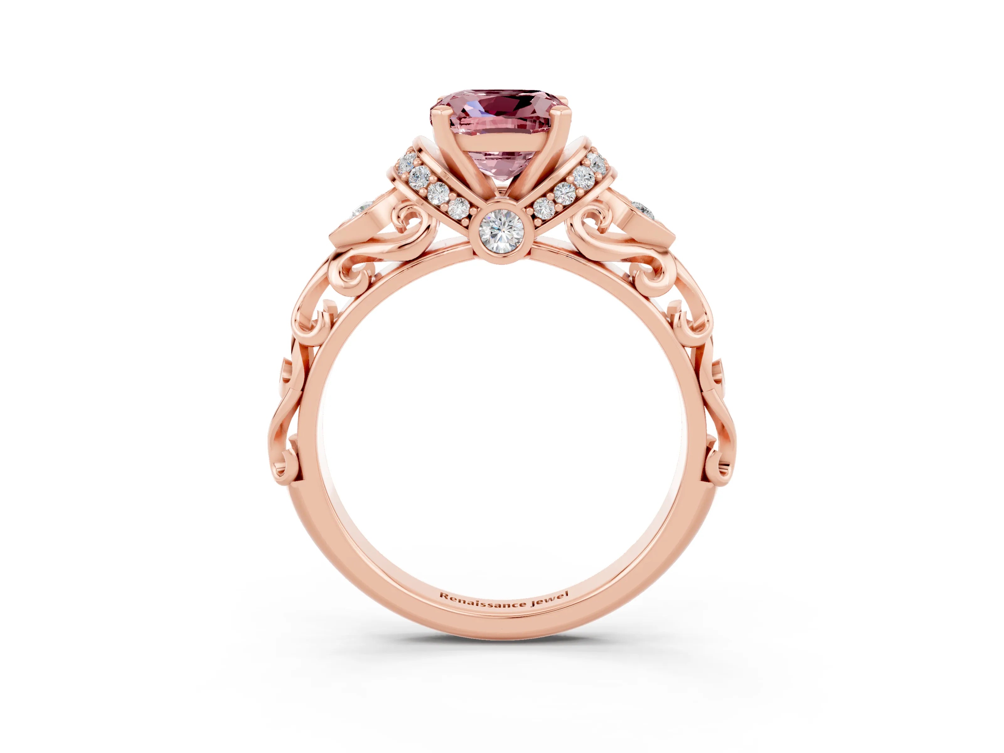 Rose gold Cushion Cut Morganite Solitaire Ring with Filigree Band and Four-Prong Setting_27