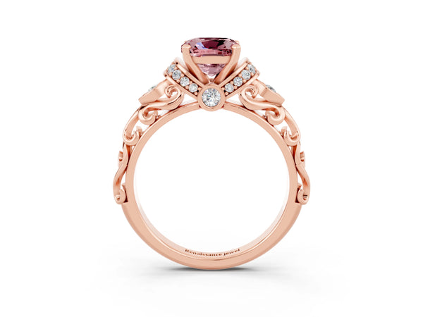 Rose gold Cushion Cut Morganite Solitaire Ring with Filigree Band and Four-Prong Setting