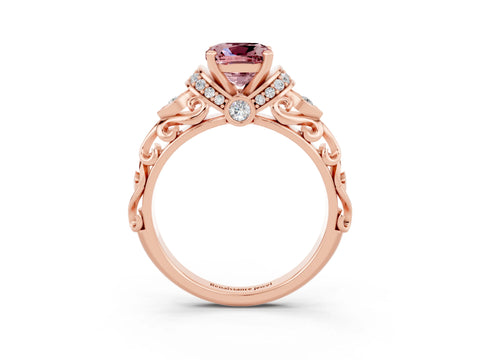 Rose gold Cushion Cut Morganite Solitaire Ring with Filigree Band and Four-Prong Setting_27