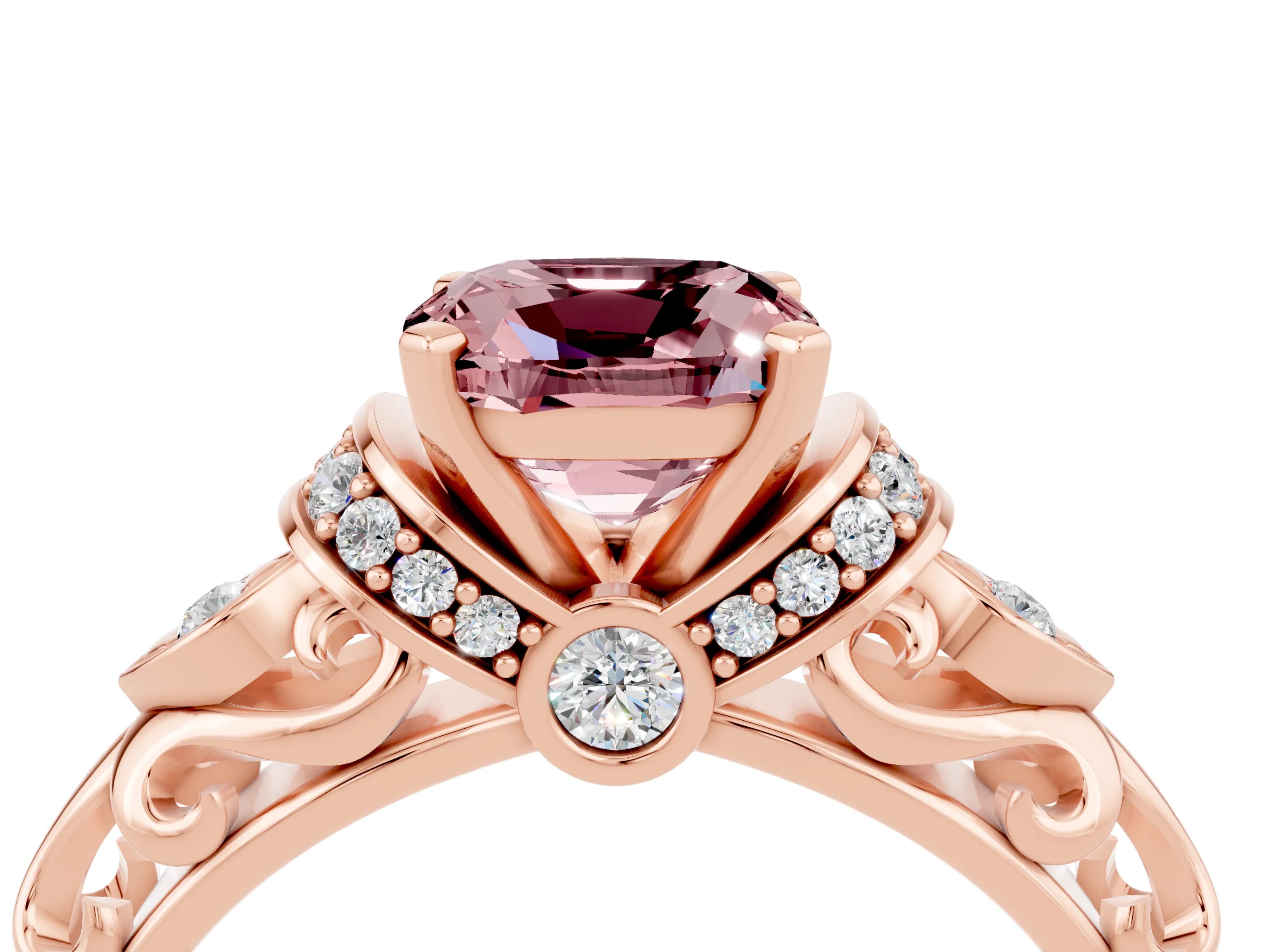 Rose gold Cushion Cut Morganite Solitaire Ring with Filigree Band and Four-Prong Setting_28