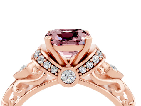 Rose gold Cushion Cut Morganite Solitaire Ring with Filigree Band and Four-Prong Setting_28