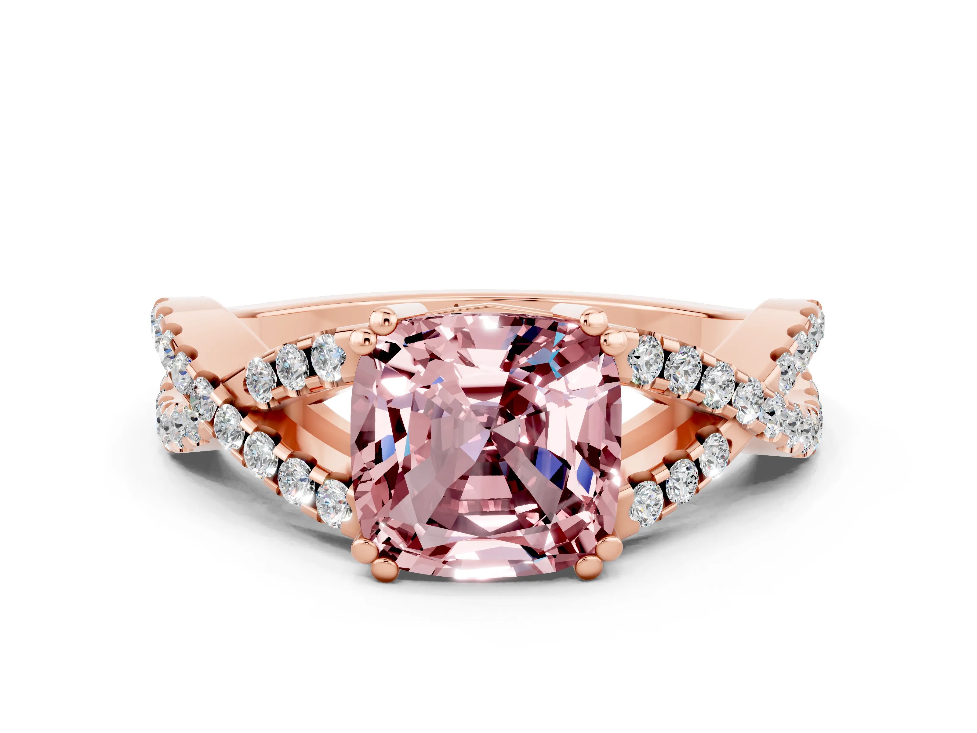Rose gold Cushion Cut Morganite Solitaire Ring with Four-Prong Setting and Twisted Pavé Band