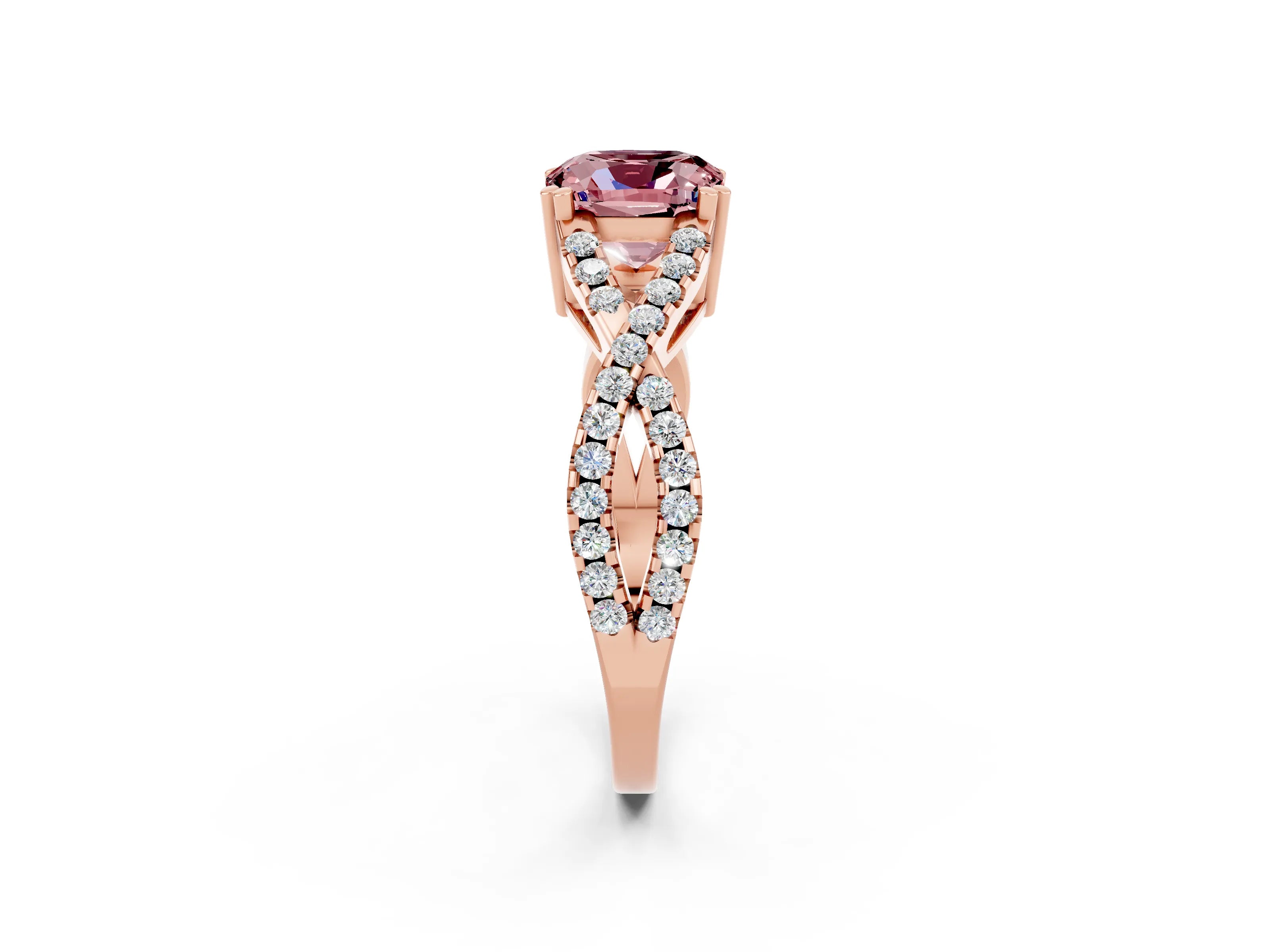 Rose gold Cushion Cut Morganite Solitaire Ring with Four-Prong Setting and Twisted Pavé Band_2