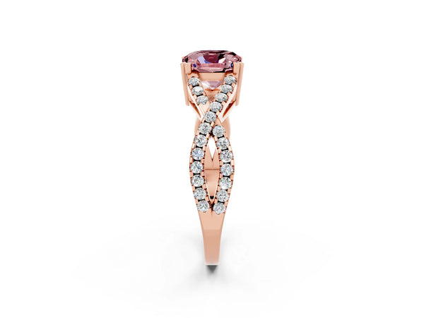 Rose gold Cushion Cut Morganite Solitaire Ring with Four-Prong Setting and Twisted Pavé Band