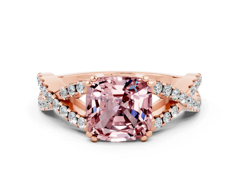 Rose gold Cushion Cut Morganite Solitaire Ring with Four-Prong Setting and Twisted Pavé Band