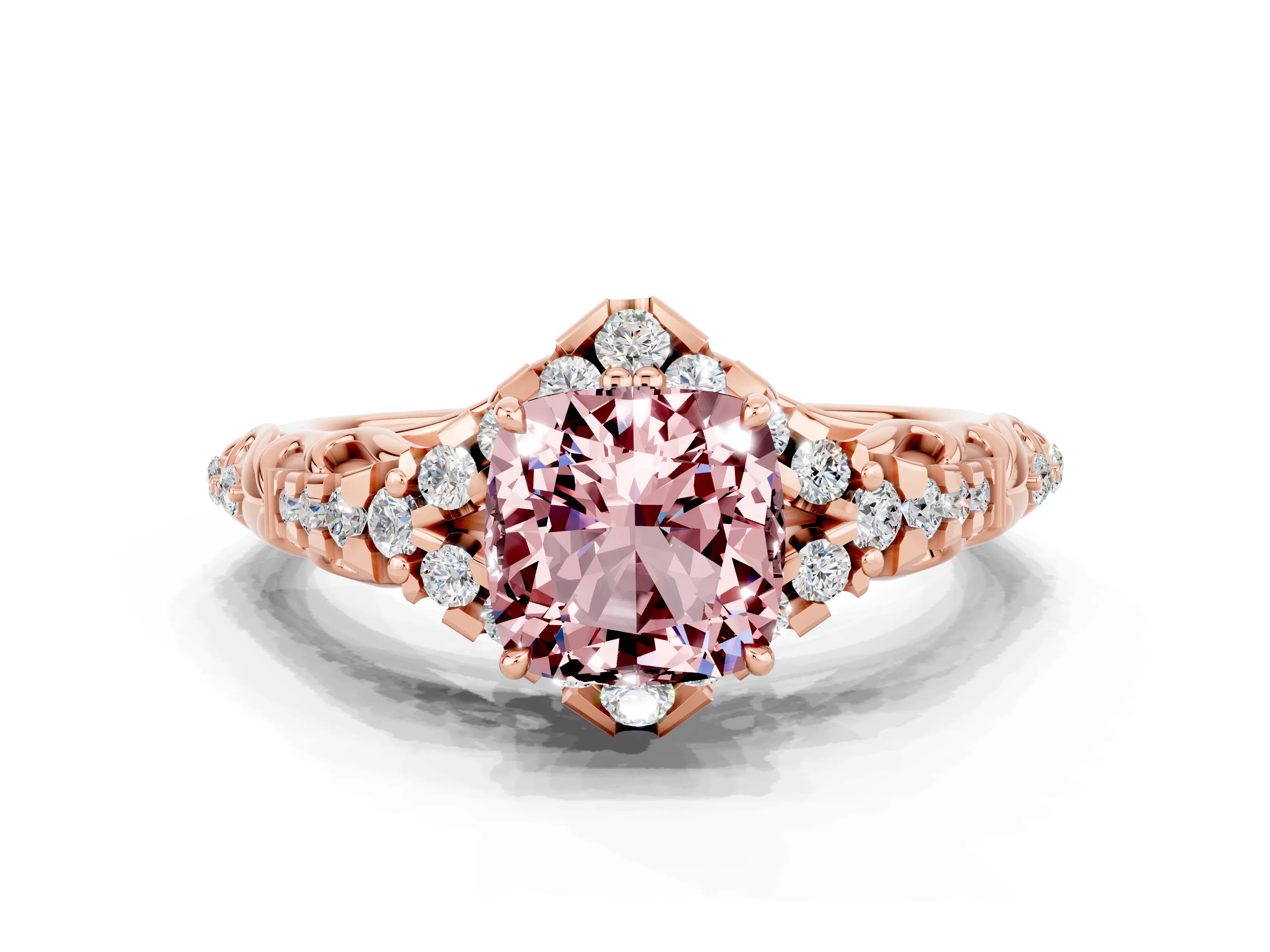 Rose gold Cushion Cut Morganite Solitaire Ring with Hidden Halo and Pavé Band_12