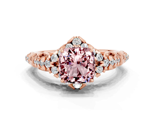 Rose gold Cushion Cut Morganite Solitaire Ring with Hidden Halo and Pavé Band