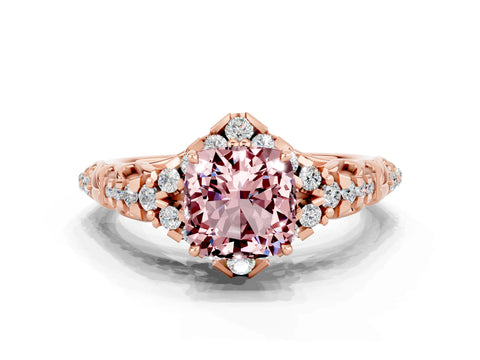 Rose gold Cushion Cut Morganite Solitaire Ring with Hidden Halo and Pavé Band_12