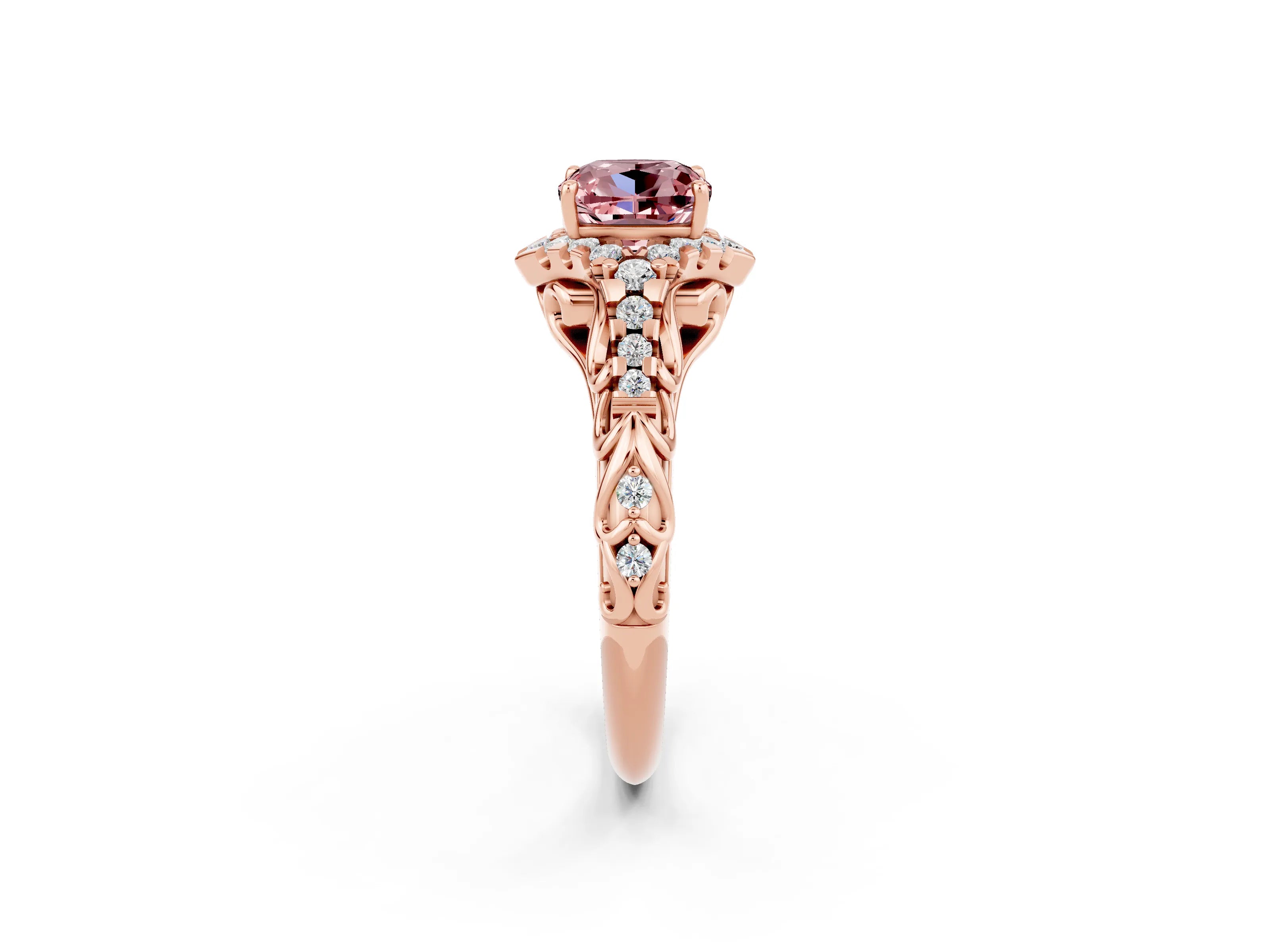 Rose gold Cushion Cut Morganite Solitaire Ring with Hidden Halo and Pavé Band_14