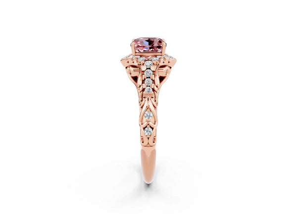 Rose gold Cushion Cut Morganite Solitaire Ring with Hidden Halo and Pavé Band