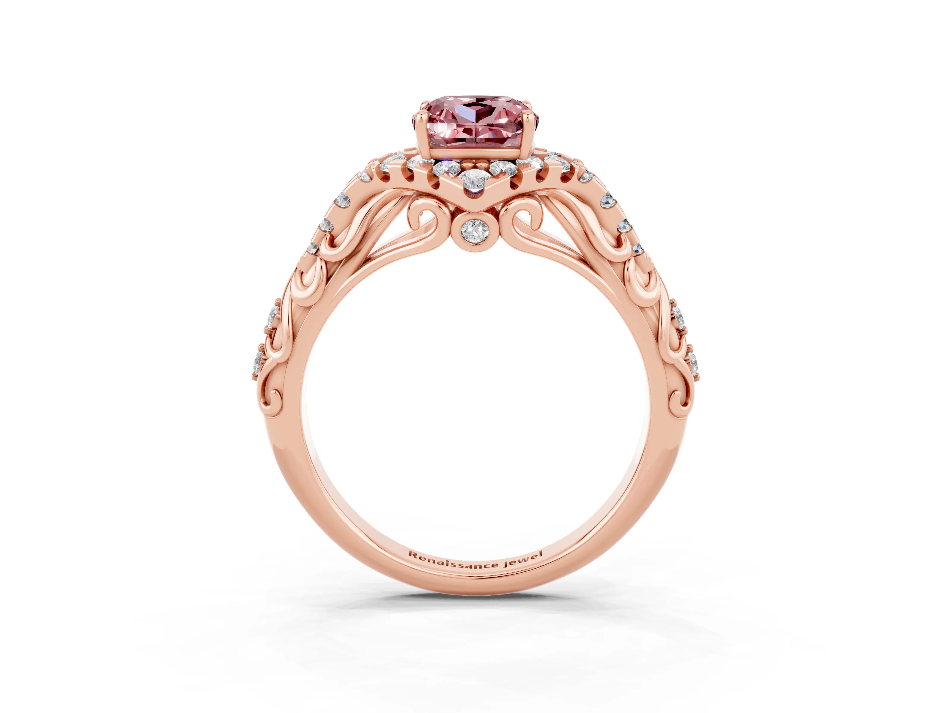 Rose gold Cushion Cut Morganite Solitaire Ring with Hidden Halo and Pavé Band_15