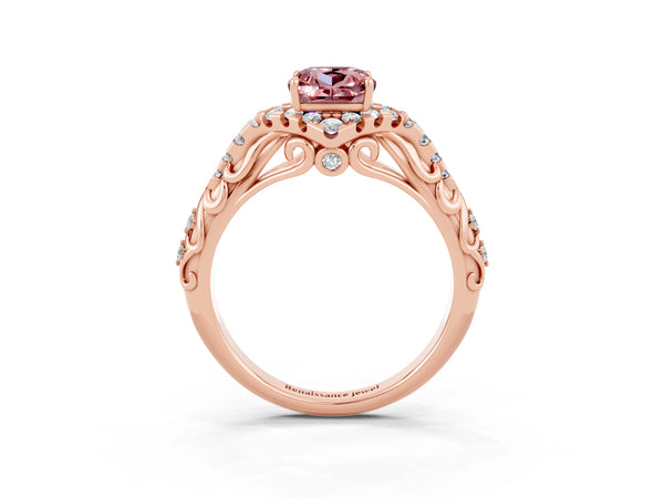 Rose gold Cushion Cut Morganite Solitaire Ring with Hidden Halo and Pavé Band