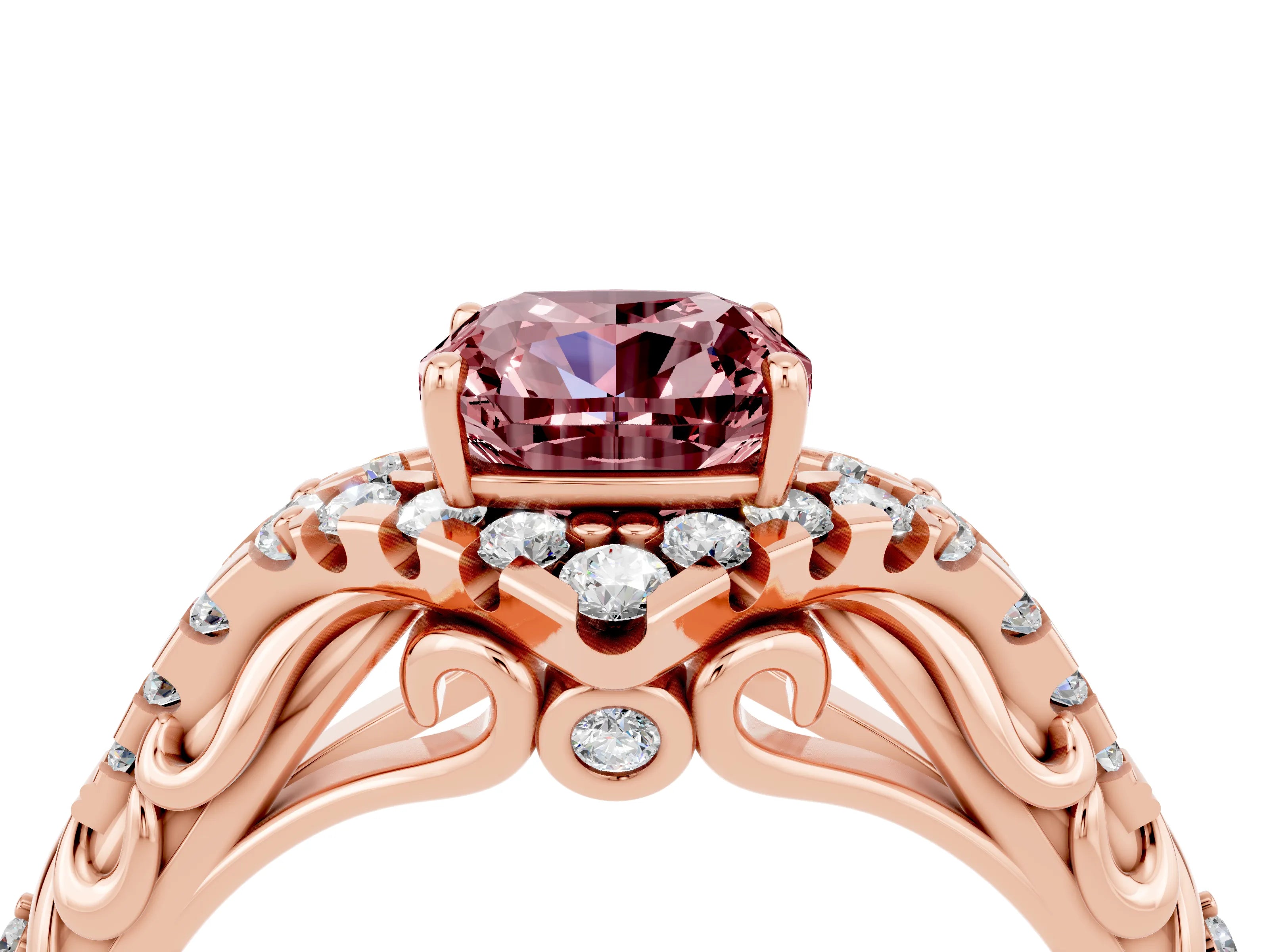 Rose gold Cushion Cut Morganite Solitaire Ring with Hidden Halo and Pavé Band_16