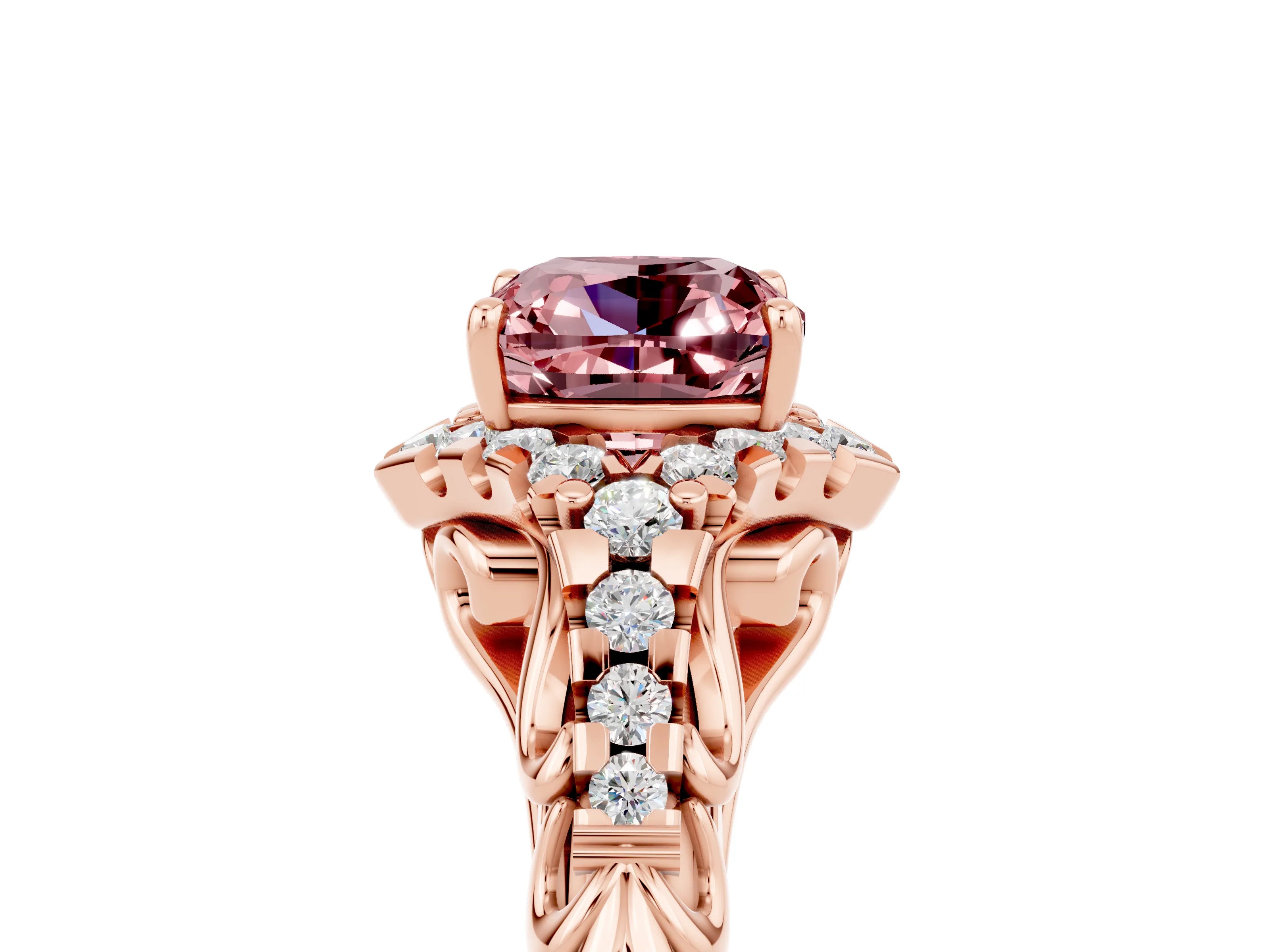Rose gold Cushion Cut Morganite Solitaire Ring with Hidden Halo and Pavé Band_17