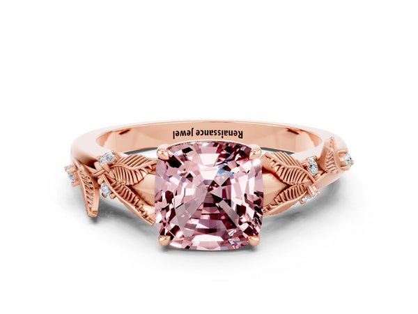 Rose gold Cushion Cut Morganite Solitaire Ring with Leaf Motif Band and Four-Prong Setting