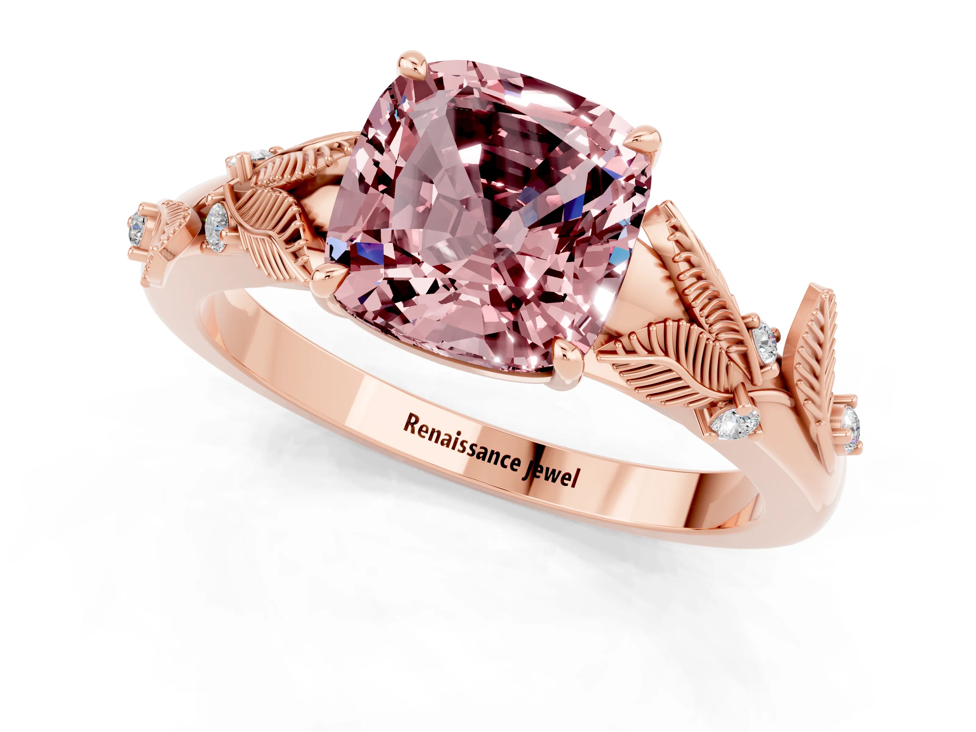 Rose gold Cushion Cut Morganite Solitaire Ring with Leaf Motif Band and Four-Prong Setting_1