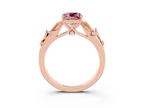 Rose gold Cushion Cut Morganite Solitaire Ring with Leaf Motif Band and Four-Prong Setting