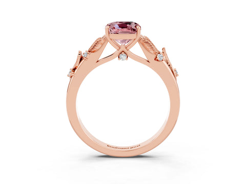 Rose gold Cushion Cut Morganite Solitaire Ring with Leaf Motif Band and Four-Prong Setting_3