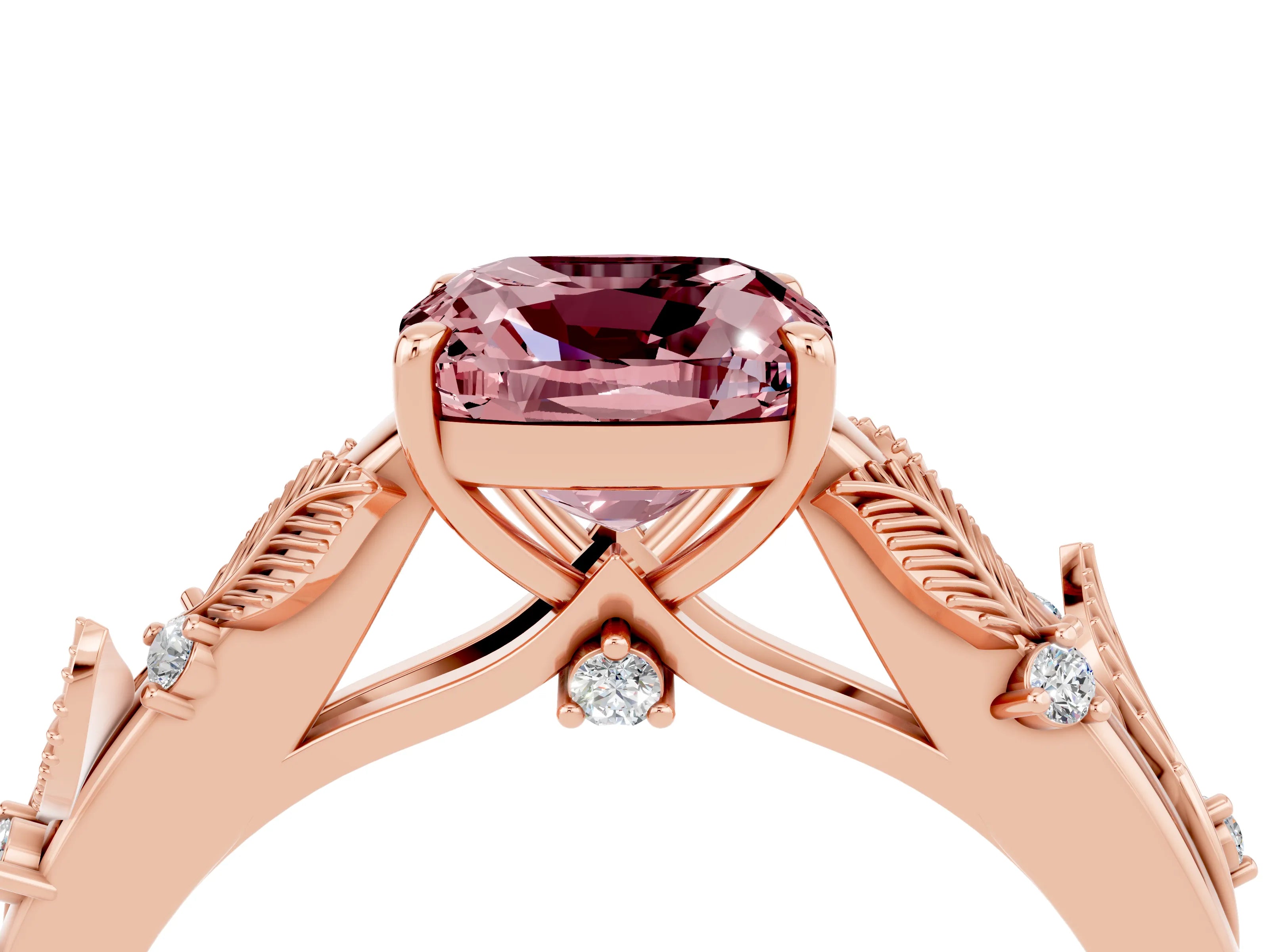 Rose gold Cushion Cut Morganite Solitaire Ring with Leaf Motif Band and Four-Prong Setting_4