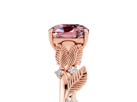 Rose gold Cushion Cut Morganite Solitaire Ring with Leaf Motif Band and Four-Prong Setting_5