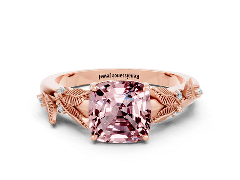 Rose gold Cushion Cut Morganite Solitaire Ring with Leaf Motif Band and Four-Prong Setting
