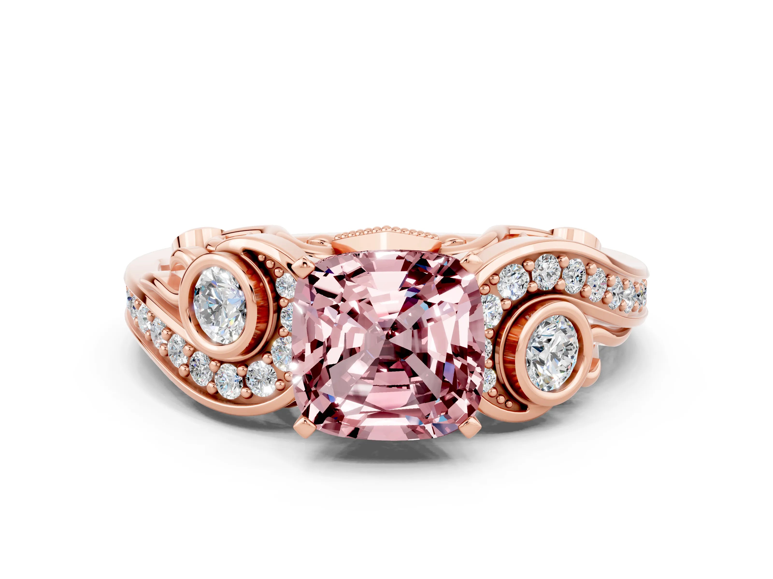 Rose gold Cushion Cut Morganite Solitaire Ring with Milgrain Pavé Band and Four-Prong Setting_24