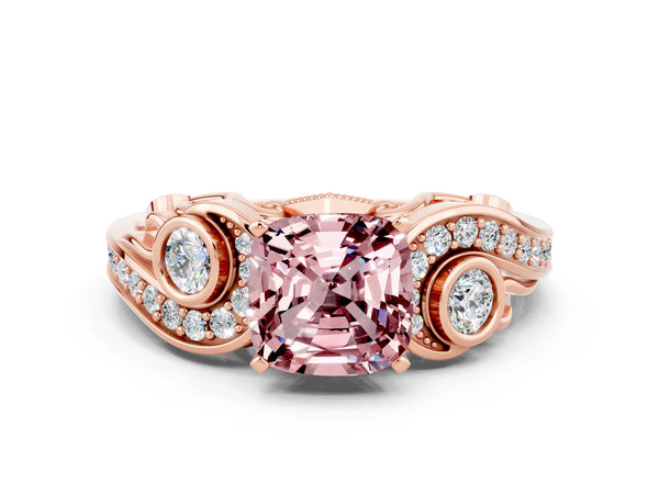 Rose gold Cushion Cut Morganite Solitaire Ring with Milgrain Pavé Band and Four-Prong Setting