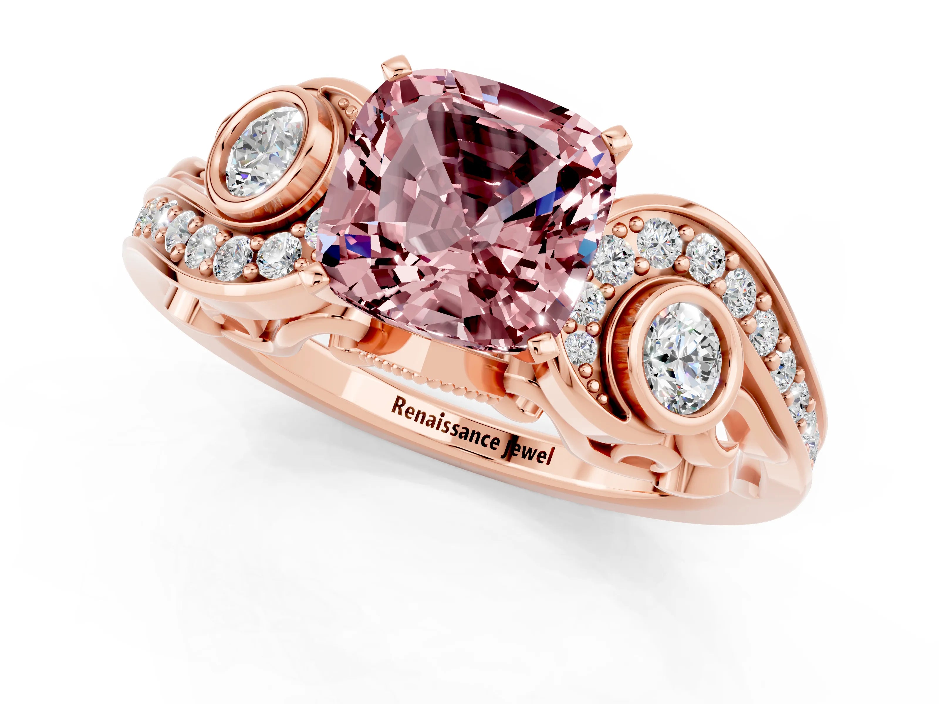 Rose gold Cushion Cut Morganite Solitaire Ring with Milgrain Pavé Band and Four-Prong Setting_25