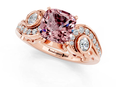 Rose gold Cushion Cut Morganite Solitaire Ring with Milgrain Pavé Band and Four-Prong Setting_25