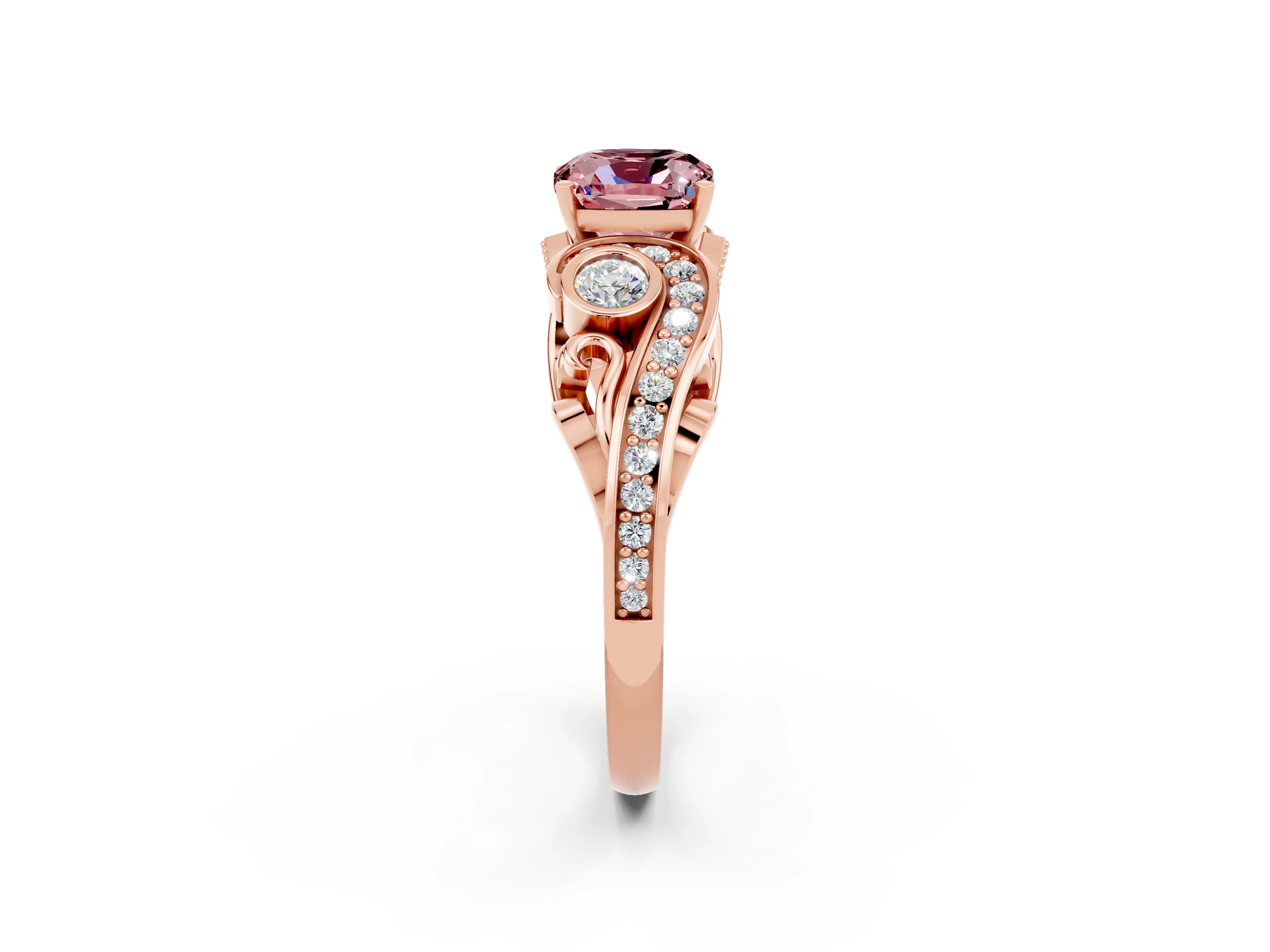 Rose gold Cushion Cut Morganite Solitaire Ring with Milgrain Pavé Band and Four-Prong Setting_26